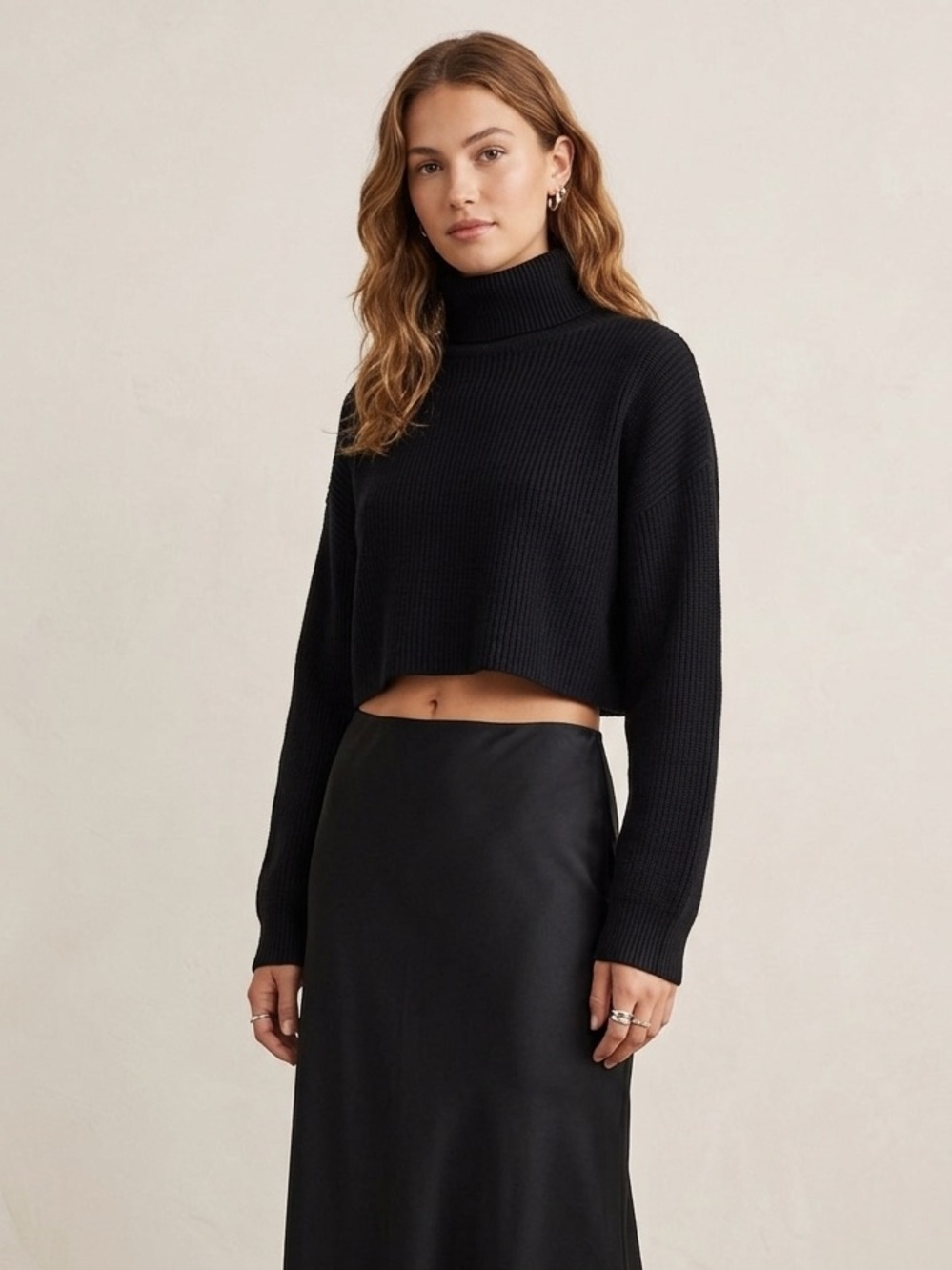 Cropped Ribbed Long Sleeve Turtleneck Sweater in Black